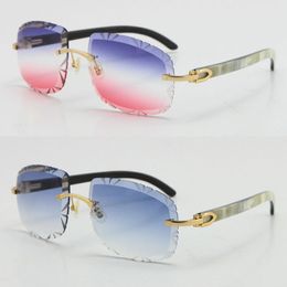 0401 Gafas de sol al por mayor para mujeres T8200762 Corte de diamantes Lente tallada UV400 Unisex sin borde blanco dentro de búfalo negro tendencia a una actriz más destacada