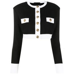 0425 S-XL Hoge kwaliteit gebreide zwart-witte stiksels ronde hals damesjas met lange mouwen240304
