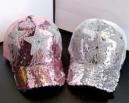 04shi ins été brillant pentagramme strass broche paillettes décoration respirant maille dame baseball chapeau femmes visières casquette 240117