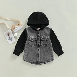 04Y Kids Boys Denim Jackets Baby Autumn Clothing Lange mouw Hooded Button Up Coats Toddler Children Fashion Outerwear 240301
