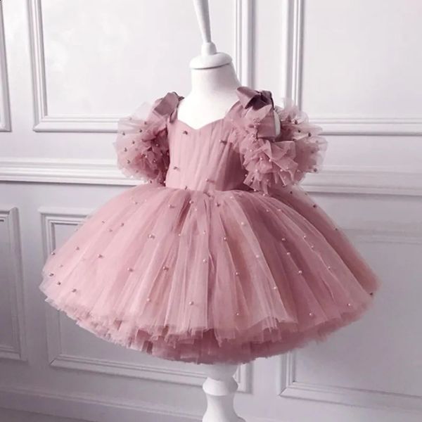 Robe de baptême pour bébé fille de 05 ans, en maille de perles, tutu de princesse avec nœud, fête d'anniversaire, 240126