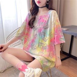 # 0621 Été Long T-shirt Femmes O Cou Néon Couleur Tie Dye T-shirt Lâche Casual Évider Harajuku Hip Hop T-shirt À Manches Courtes 220611