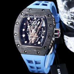 066 Koolstofvezel automatische herenhorloge skelet wijzerplaat tonneau polshorloge saffier kristal waterdichte luxe horloges blauw rubber