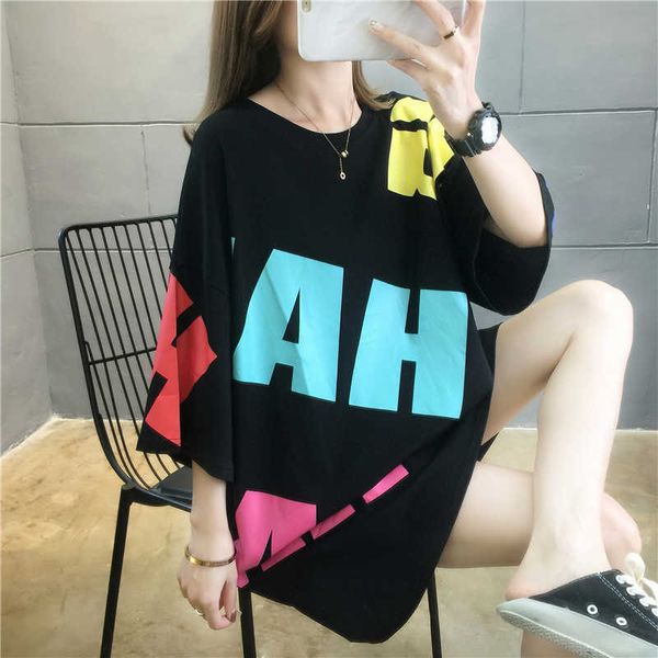 #0720, camiseta larga amarilla, negra, blanca, de algodón para mujer, cuello redondo, camiseta informal holgada de Hip Hop con estampado, ropa de mujer de talla grande XXL X0628