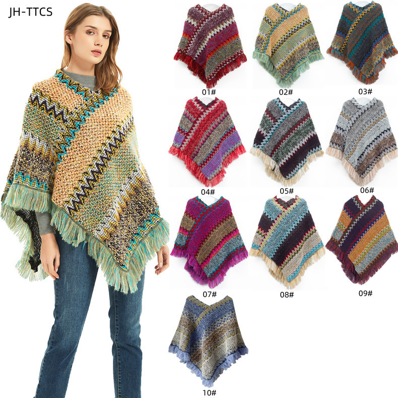 0C0025 Spring and Autumn Women's Cloak Retro Style Travel Pullover Cape Colorful Woven Tassels Customization