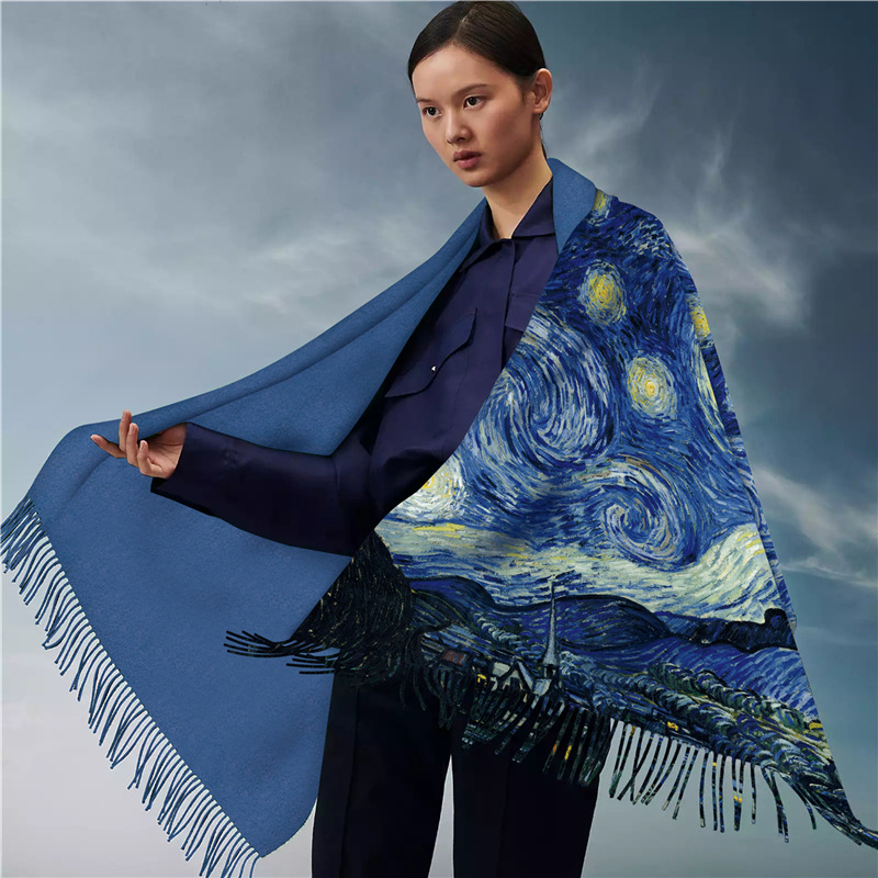0C0030 Oil Painting Style Women's Home Clothing Scarves Imitation Cashmere Warm Shawl Tassels Versatile Digital Printing Customization and Wholesale
