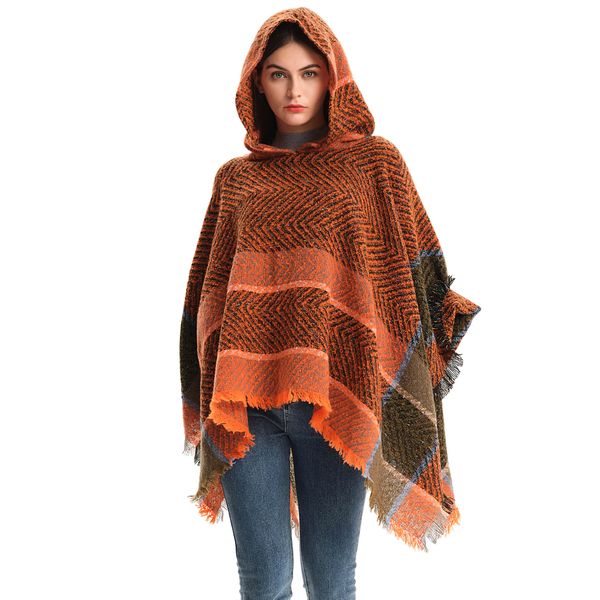 Cape d'hiver à capuche pour femmes européennes et américaines, châle à motif arête de poisson, tissage coloré, vente en gros, 0C0035