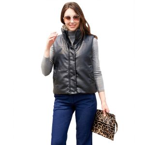 0C407M18 Automne et hiver femmes cuir Faux gilet sans manches coton veste à la mode col debout fermeture éclair manteau couleur unie minimaliste