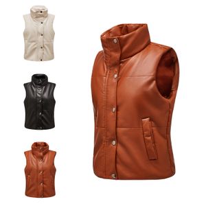 0C407M18 Otoño e Invierno Chaleco de imitación de cuero para mujer Chaqueta de algodón sin mangas Abrigo con cremallera y cuello alto de moda Color sólido minimalista