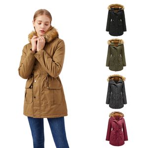 0C4111M2 SBD-B Trenchcoats voor dames Europese en Amerikaanse stijl Multi-size winterwarme jas met capuchon en pluche kraag