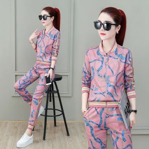 0C715232Y01 Dames aangepaste tracksuits Autumn Sportset kleurrijk kettingpatroon mode afdrukken slanke lange mouw casual tweedelige set