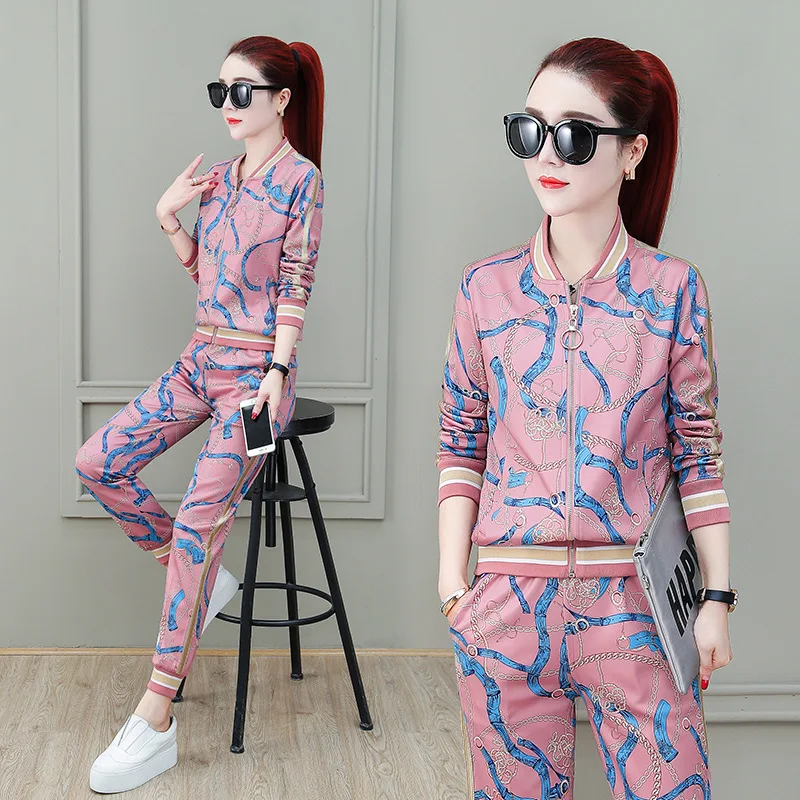 0C715232Y01 Women's Customized Tracksuits Autumn Sports Set Colorful Chain Pattern Fashion Print Slim Long Sleeve Casual Two Piece Set