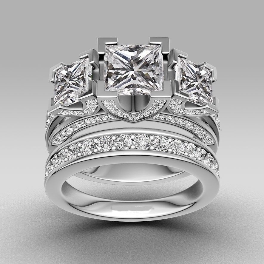 빈티지 전문 보석 공주는 925 스털링 실버 화이트 시뮬레이션 다이아몬드 웨딩 약혼 반지를 사파이어 세 돌을 채워 잘라