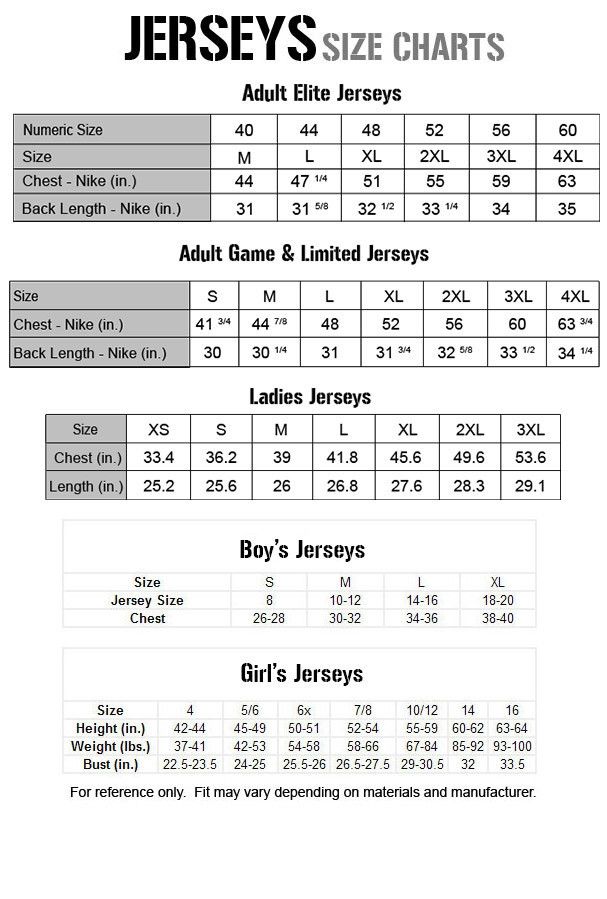 reebok jersey size chart compared to nike