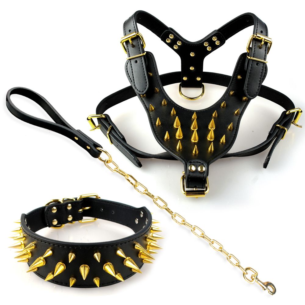 Chain Leash set Spiked Studded for Large Pitbull Bulldog 2" Leather Dog Collar 