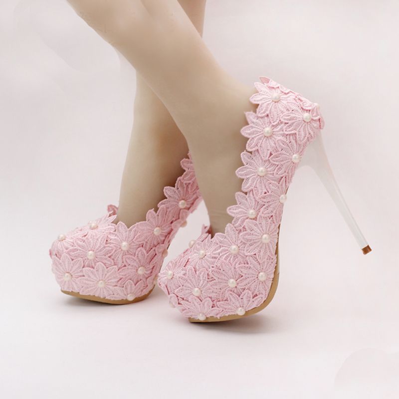 pink lace pumps