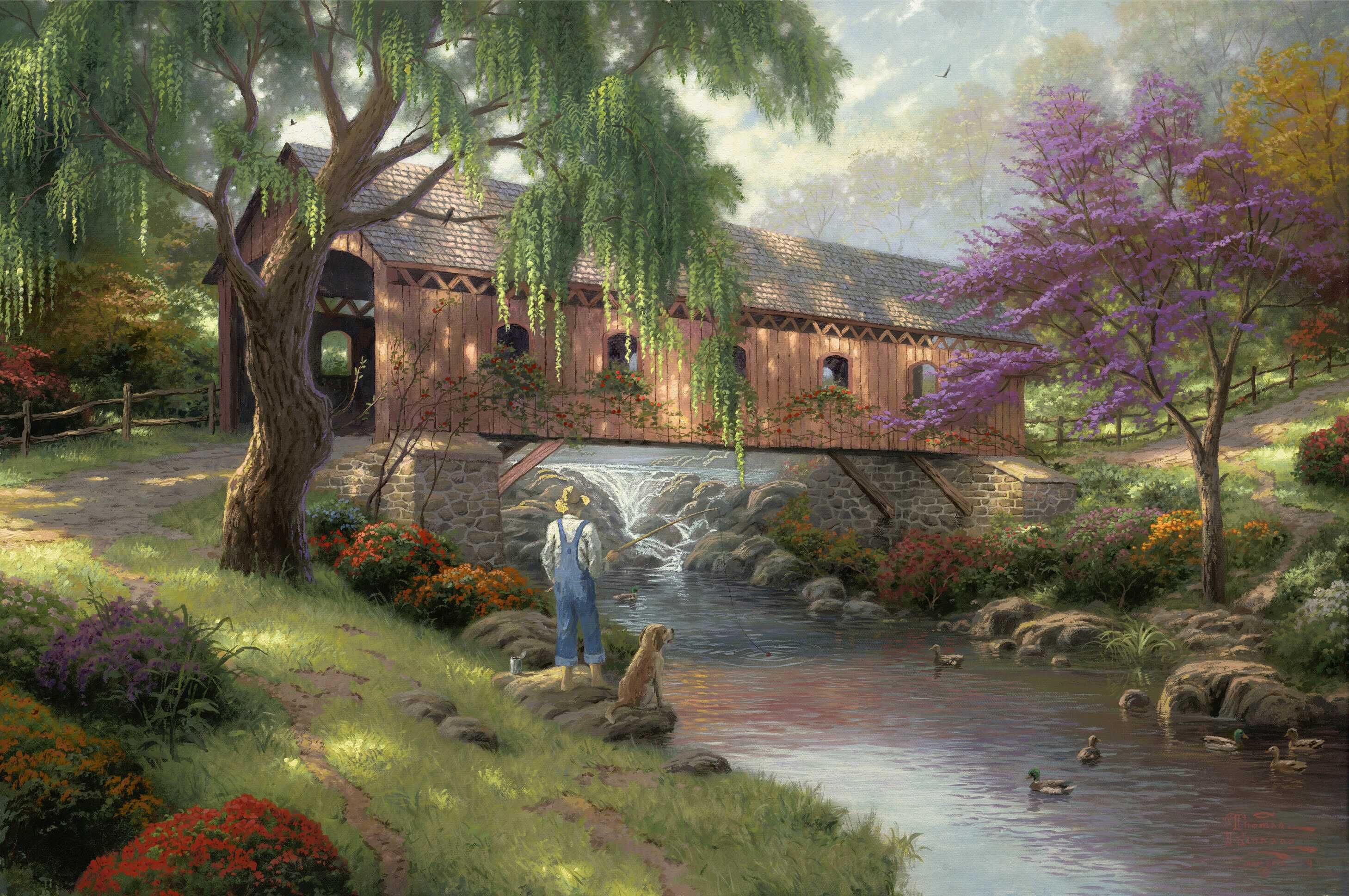 The Old Fishin Hole Thomas Kinkade Oil Paintings Art Print On Canvas No