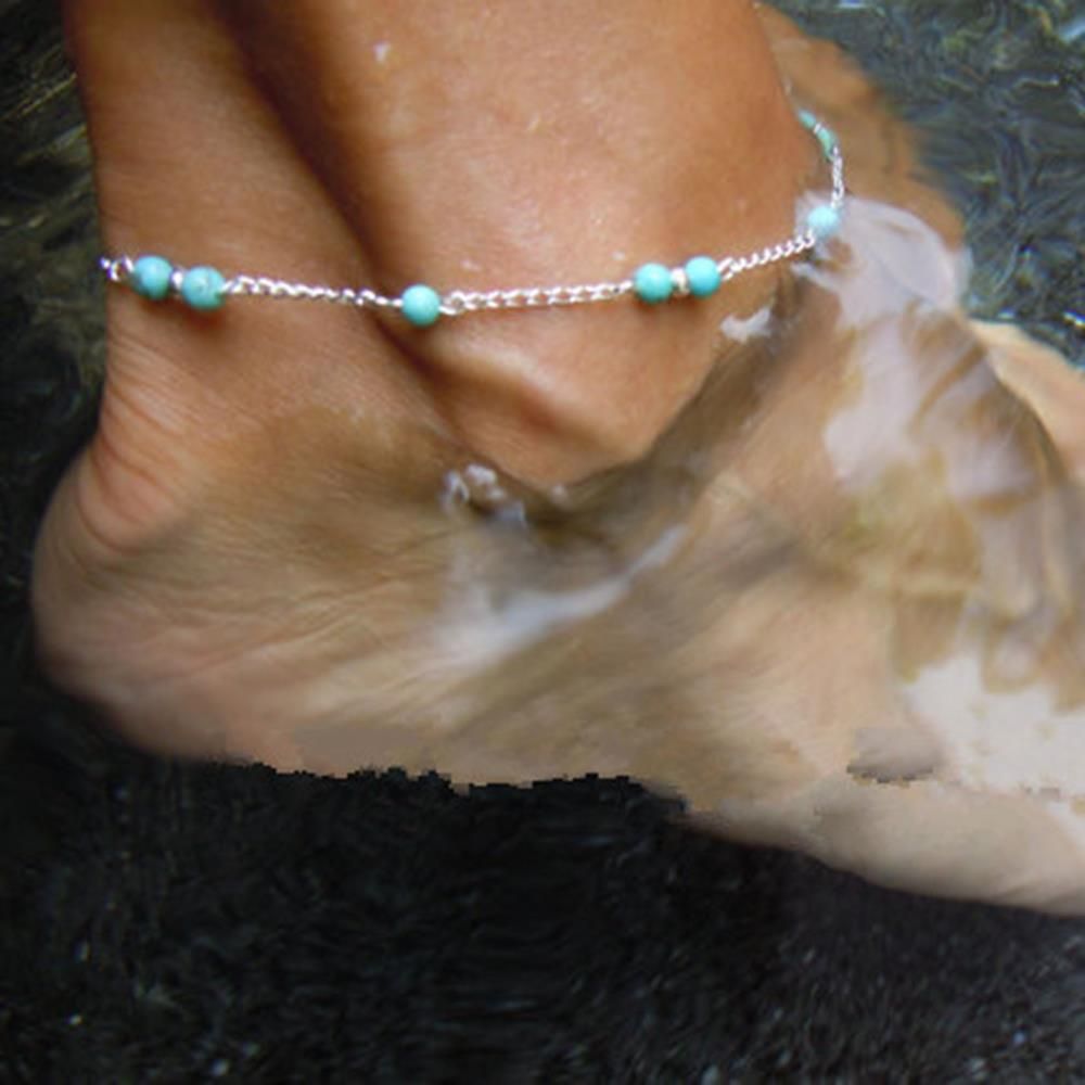 Granos de la turquesa tobillo pulsera cadena de plata joyería para el tobillo