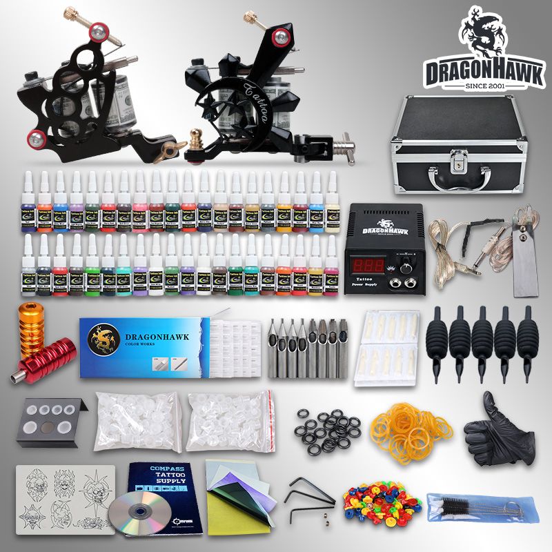 Beginner tattoo starter kits 2 guns machines 40 ink sets equipment power supply grips tips needles 10-24GD-1 Beginner tattoo starter kits 2 guns machines 40 ink sets equipment power supply grips tips needles 10-24GD-1