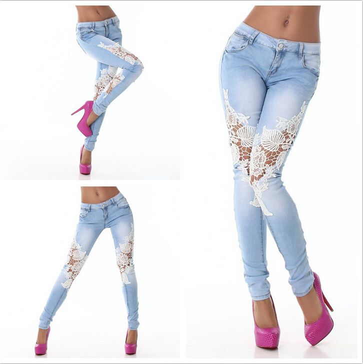 Women Skinny Jeans Lace Hollow 