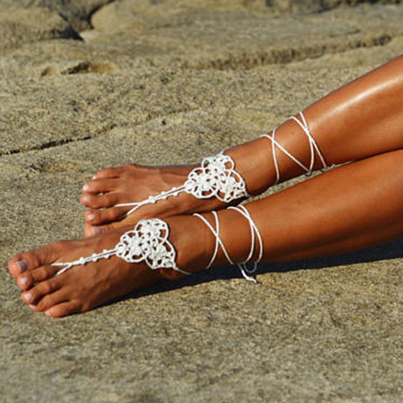 Wedding White Crochet Barefoot Sandals Foot Jewelry Beach Wedding Shoes Bridal Sandals Toe Tong White Womens Shoes Canada 2019 From