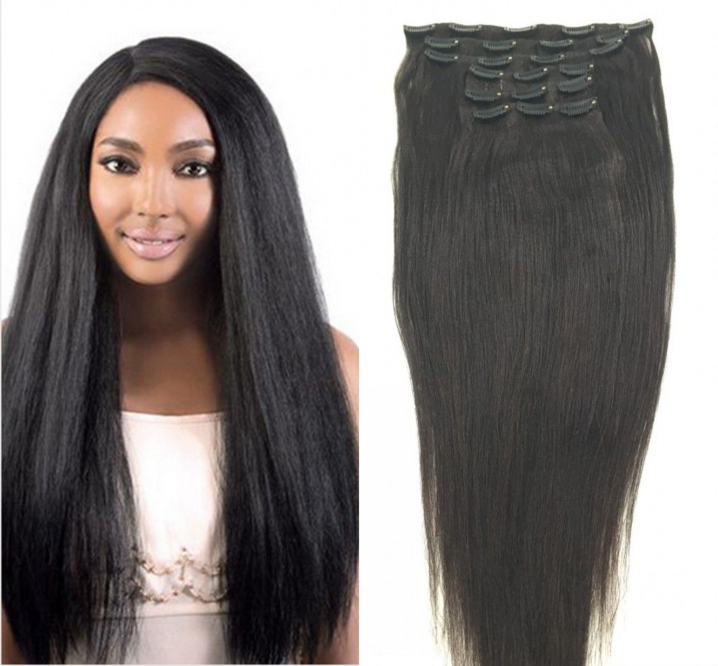 Brazilian Human Clips In Hair Extensions Straight Light Yaki Hair