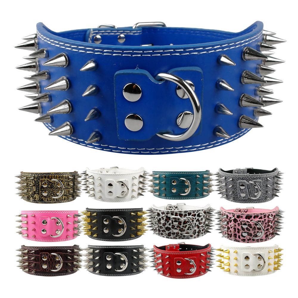 2020 7 Colours New Arrive Pitbull Spiked Leather Dog Collars 4 Rows