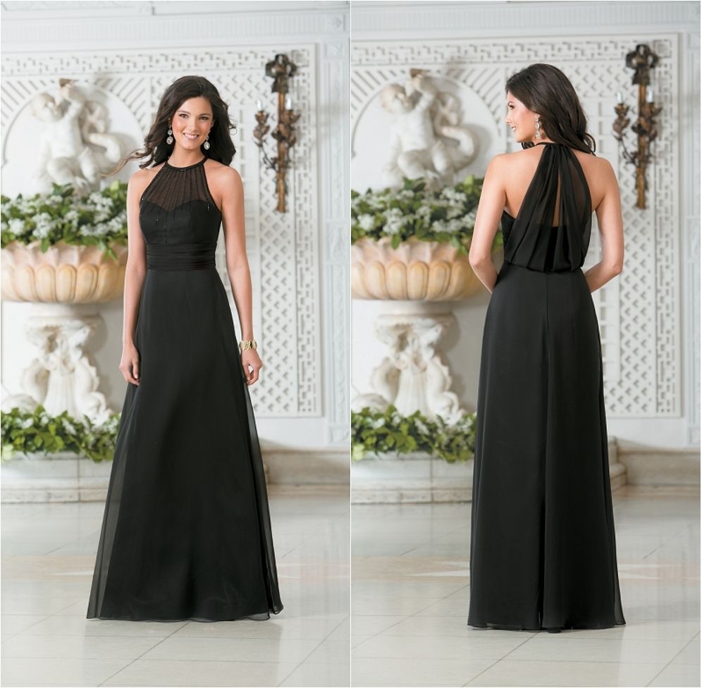 Chiffom Cheap Black Bridesmaid Dresses Long Beaded Halter Neckline
