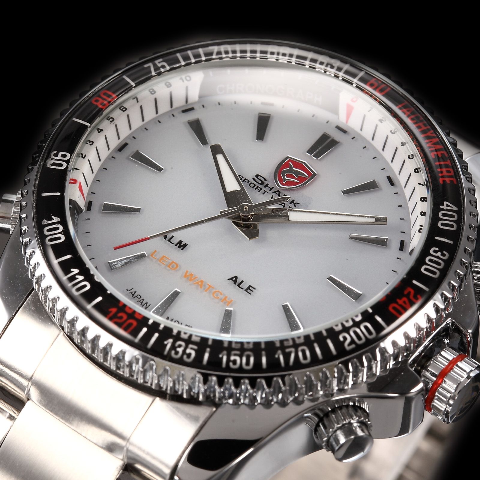 SHARK Digital LED Analog Date Day Alarm Full Steel White Dial Christmas