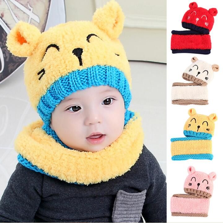 Winter Wool Hats Thickened Warm Woolen Hat Children Plus Cashmere Baby Winter Warm Hat Scarf Two-Piece Boy Girl Bib Cap