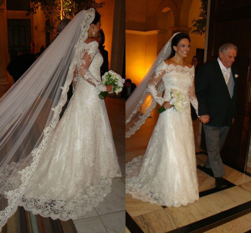 Långärmade spetsar Bröllopsklänningar av axel En linje Bröllopsklänning Sweep Train Lång Graden Bridal Klänningar 2016 Modest Vestido de Noiva