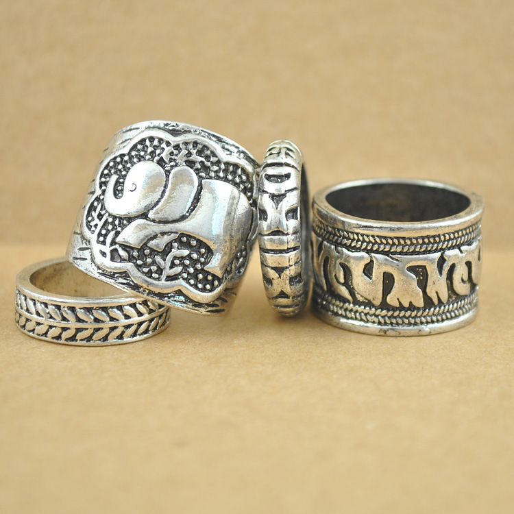 Gypsy Vintage Ring Set Tallado Elefante Antiguo Totem Leaf Turcos Para Mujeres Joyería Al
