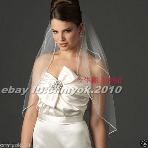 Ivory Elbow Length Beaded Edge Handmade 2 Tiers Bridal Wedding Veil White