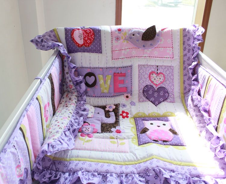 Baby Bedding Set Purple 3D Embroidery Elephant Owl Baby ...