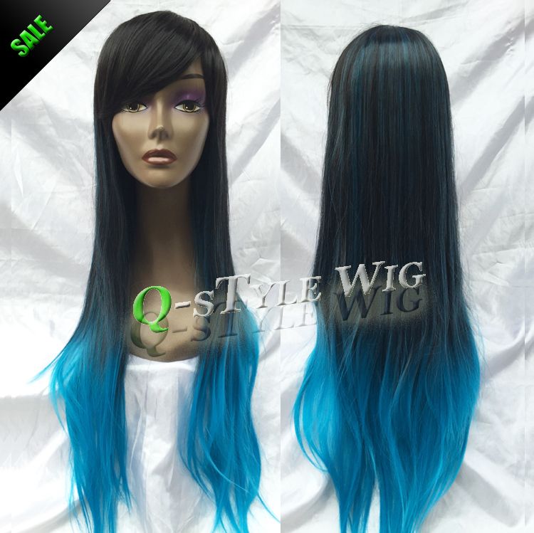 Queen Style Synthetic Black Root Ombre To Blue Color 80cm Long