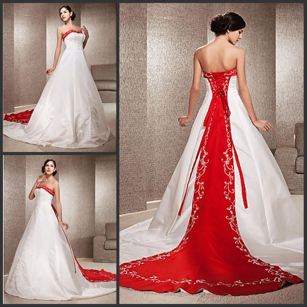 White And Red Wedding Dress Mop Satin Strapless Gown With Embroidery