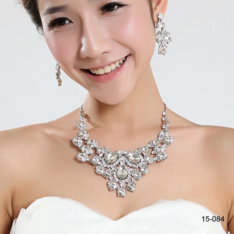 15084 collar de novia pendientes del Rhinestone de plata plateado de joyería