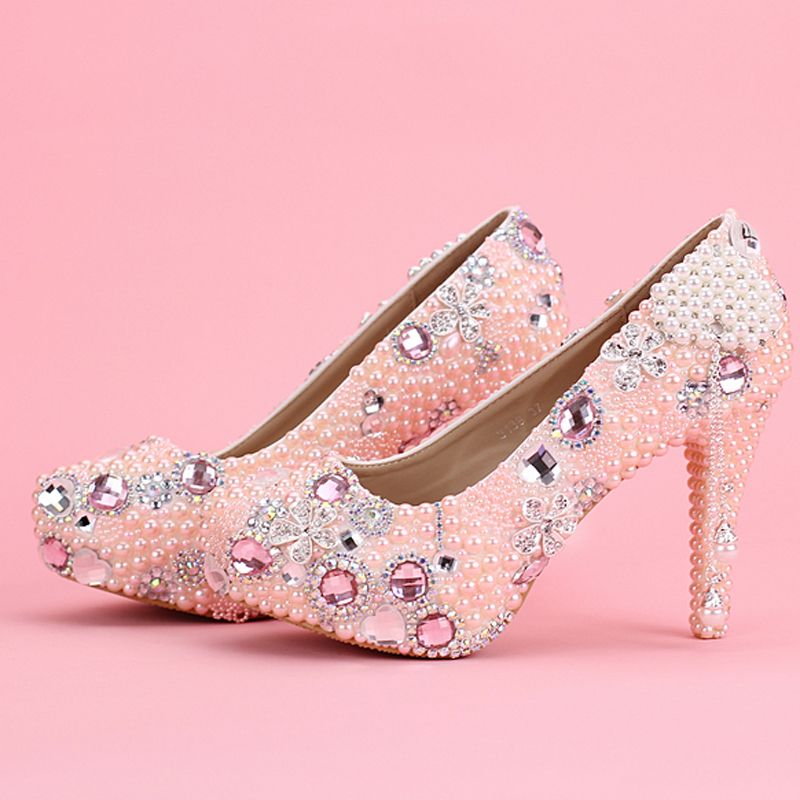 Women Pink Elegant Fashion Crystal Pearl Tassel Diamond High Heel