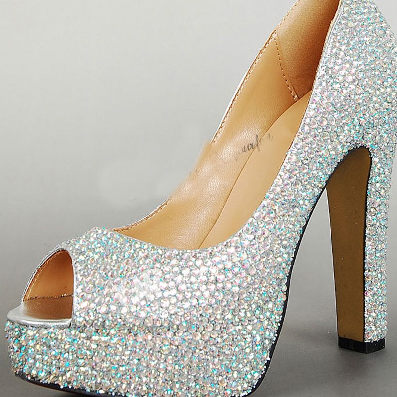 Chunky Heel Wedding Shoes Peep Toe Prom Party Platforms Rhinestone