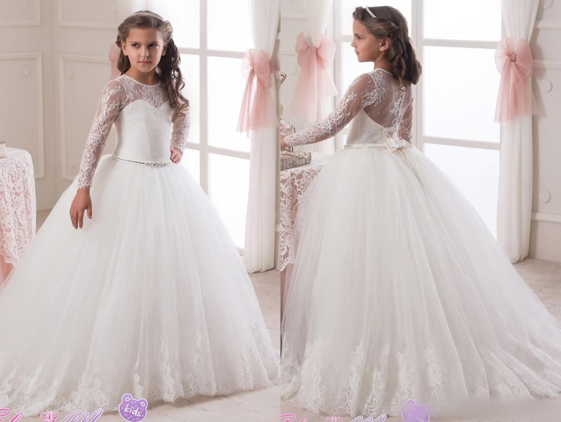 Ivory Tulle Flower Girl Dress Rhinestones Princess Pageant Kids Gowns With Train