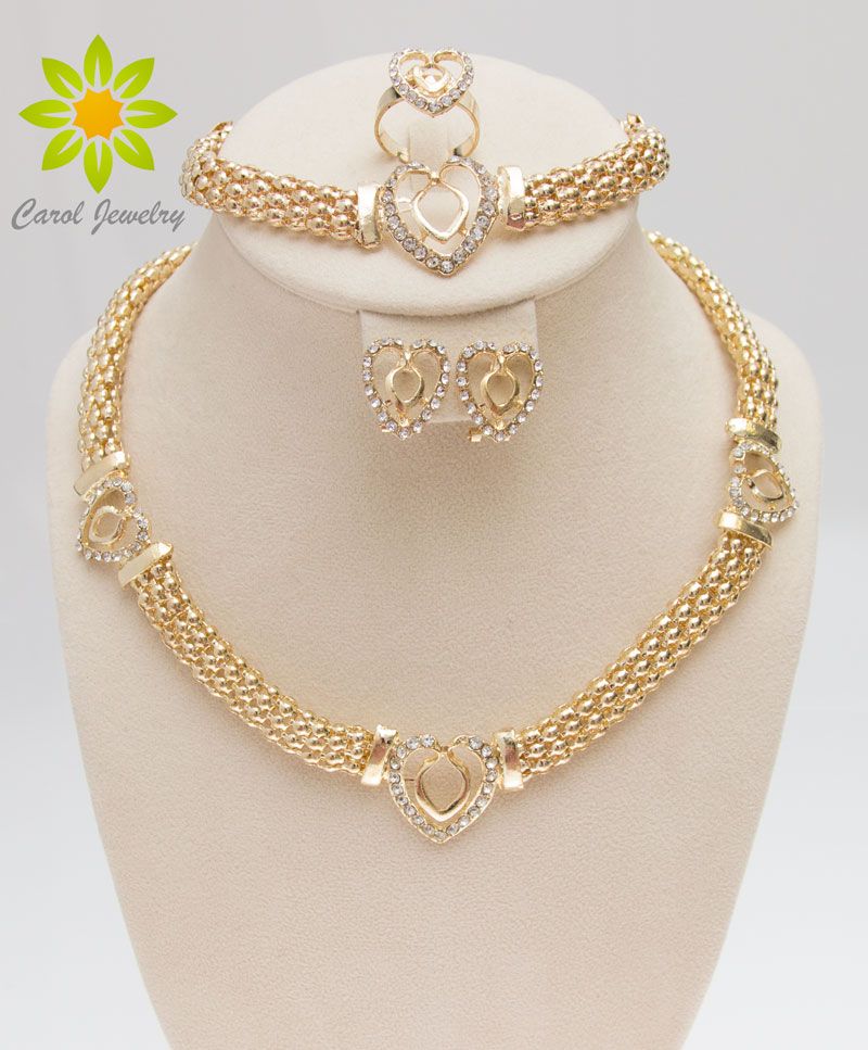 Dubai 18K Gold Plated Heart Shape Necklace Set Fashion Crystal Wedding