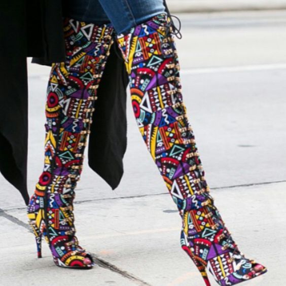 multi colored thigh high boots