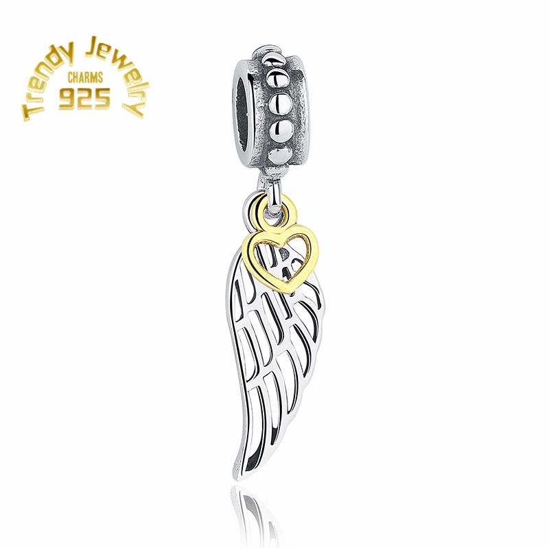 2020 Authentic 925 Sterling Silver Angel Wing Heart Two Tone Dangle ...