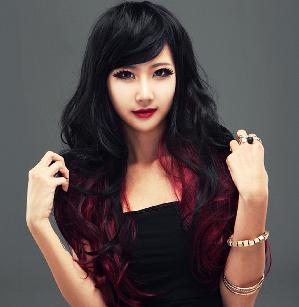 Harajuku Series Long Curly Wig Ombre Wig Inclined Bang Black Red