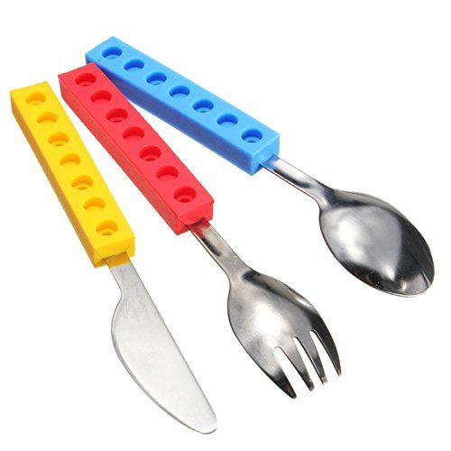 Kids Spoon Fork Knife Interlocking Brick Utensil Lego Bricks Silicone