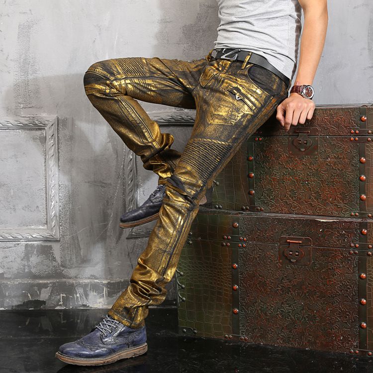 Wholesale Mens Fashion High Quality Golden Painted Biker Jeans Male Slim Denim Pants Long Trousers From Jst2015, $78.4 | DHgate.Com