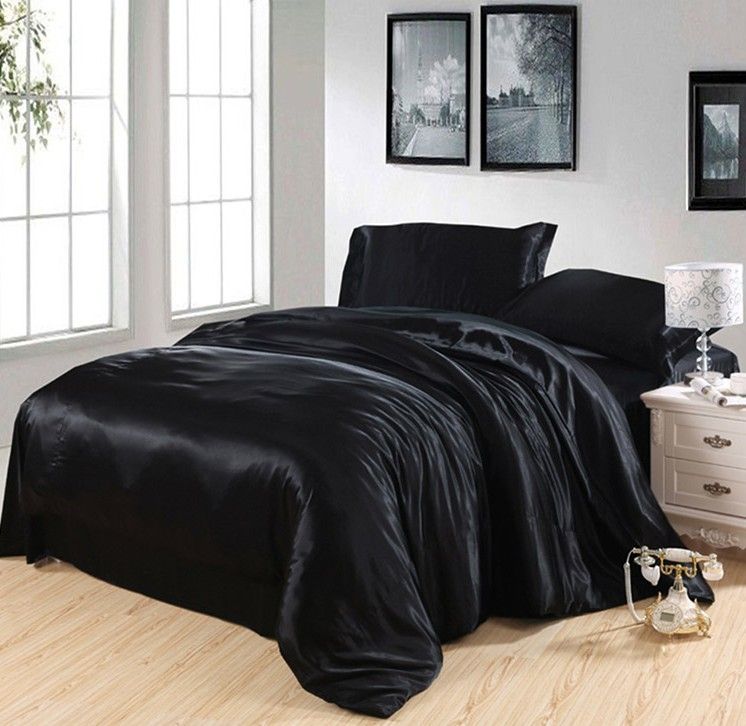 Black Silk Bedding Set Satin California King Size Queen Full Twin