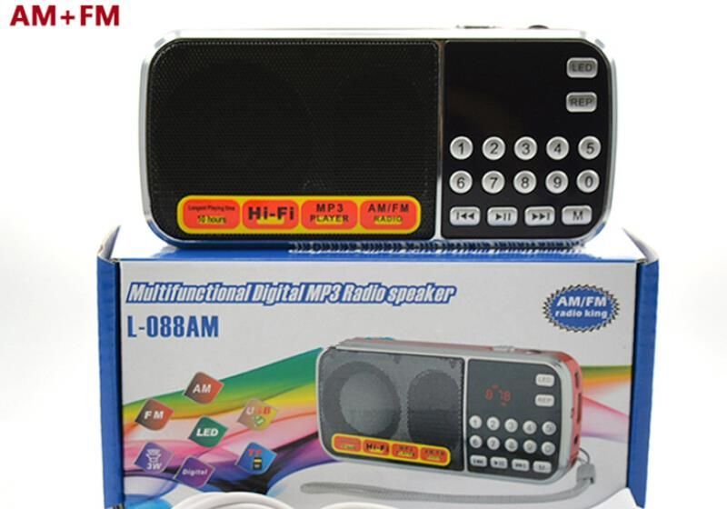 Earphone Jack Portable Mini AM FM Radio Speaker Music Player USB Charging Cord L-088AM Black Rechargeable Li-ion Battery Micro SD/TF Card Slot