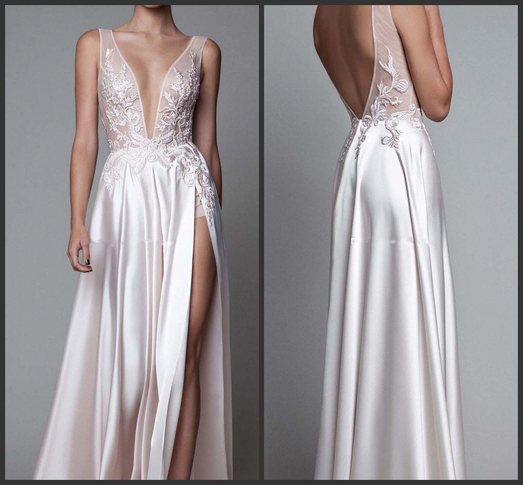Compra 2020 Nuevos Atractivos Berta Slipt Vestidos De Noche De Seda Blanca  V Profunda Hundiendo Vestidos De Fiesta Escote Sin Espalda Hasta El Piso  099 Barato | Entrega Rápida Y Calidad | Es.Dhgate