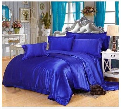 Solid Royal Blue Silk Bedding Set Satin Super King Size Queen Full